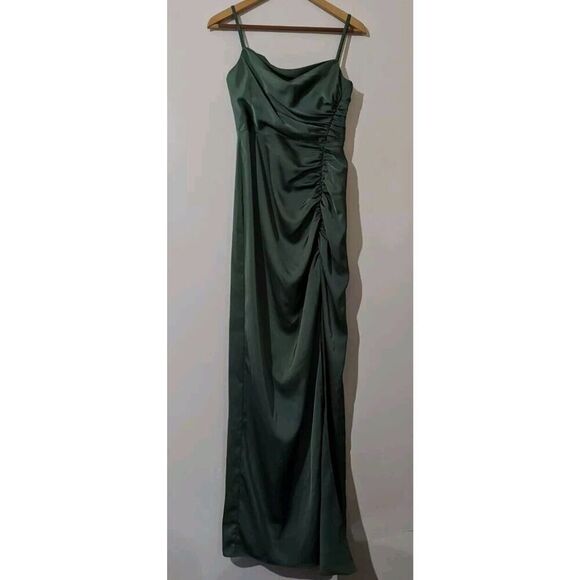 Azazie X Kendall + Kylie Green Sheath Pleated Stretch Satin Floor Length Dress O - Picture 12 of 16